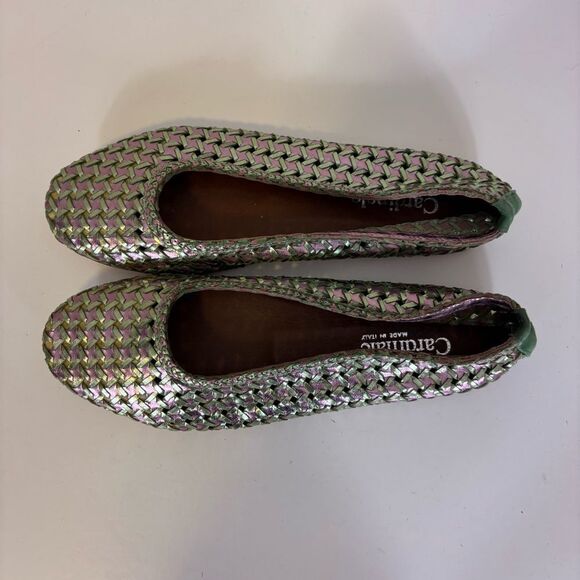 Cardinale Women's Green & Purple Iridescent Leather Woven Flats Size 9 - Picture 3 of 9